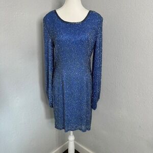 Vintage Blacktie Oleg Cassini Full Beaded 100% silk Cocktail‎ Dress Royal Blue L